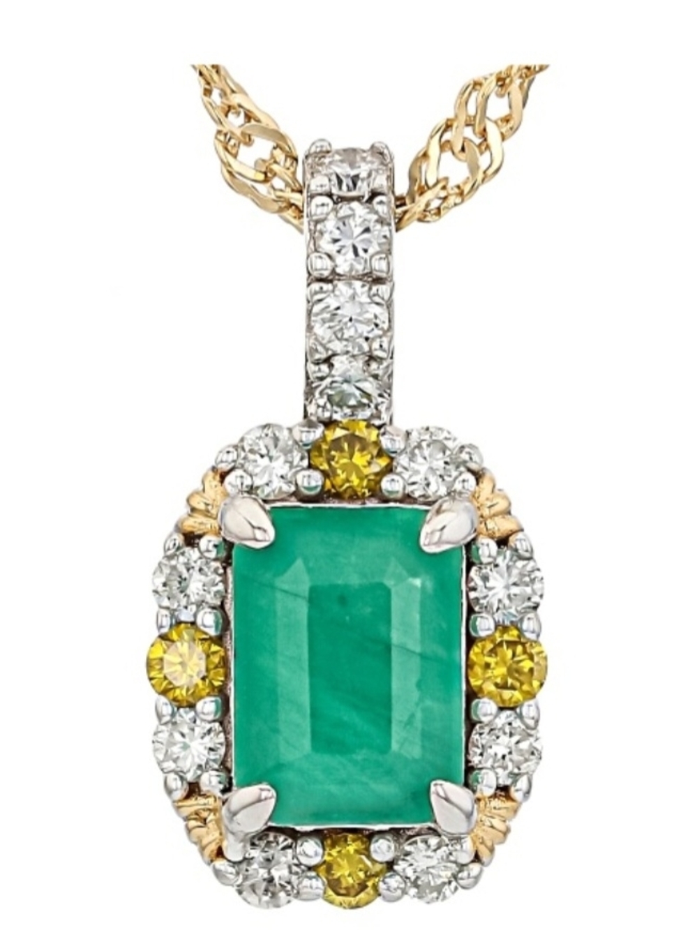 Estate Green Zambian Emerald With Yellow And White Diamond Halo Necklace